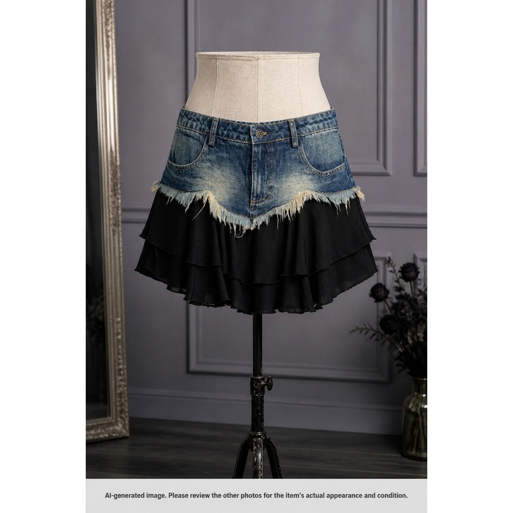 Pretty Damage Denim Black Chiffon Ruffle Mini Skirt M Y2K western funk Grunge